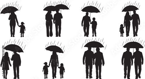 Umbrella, silhouette, family, rain, protection, care, children, adults, walking, weather, bonding, shelter, unity, rainy day, black and white, contrast, lifestyle, parenting, love, outdoor, peaceful,