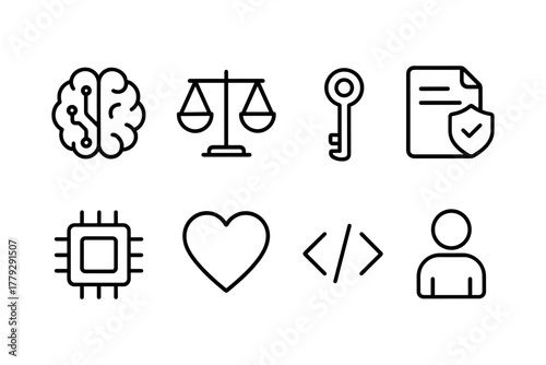 Minimalist icon set featuring brain, justice, security, technology, and user symbols