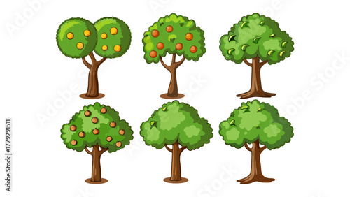 Orchard Diversity: Six distinct fruit tree designs, each brimming with ripe fruit, stand as symbols of botanical variety and natural abundance.