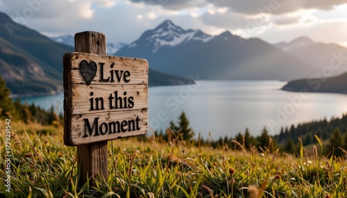 Wooden Sign Reading Live in This Moment Surrounded by Majestic Mountains and Serene Lake