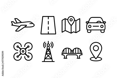 Transportation and navigation icons set in linear style