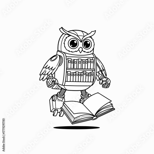 Whimsical robot owl with a bookshelf torso hovers joyfully above an open book, blending wisdom and technology for educational concepts
