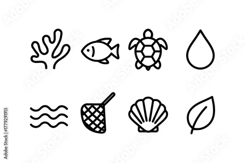 Minimalist ocean icons: marine life and nature elements in line art style