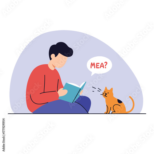 A person reads a book while a cat says "Mea?" Illustration. The cat sits, book opens, figure reads