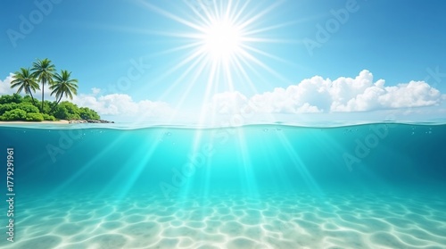 Fototapeta Naklejka Na Ścianę i Meble -  above water, a sunny sky with clouds and a palm-fringed island; below, clear turquoise water with a sandy seabed.