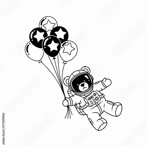 Whimsical astronaut teddy bear floats joyfully through space holding a cluster of star-adorned balloons, sparking imagination and wonder for children's stories and designs.