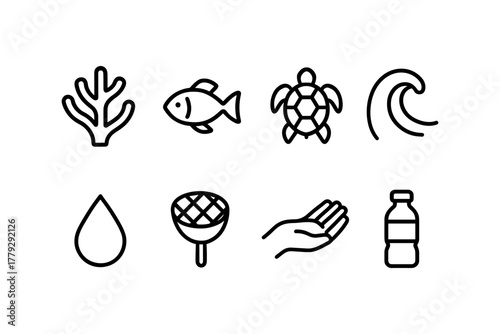 Minimalist ocean and conservation icons: coral, fish, turtle, wave, and more