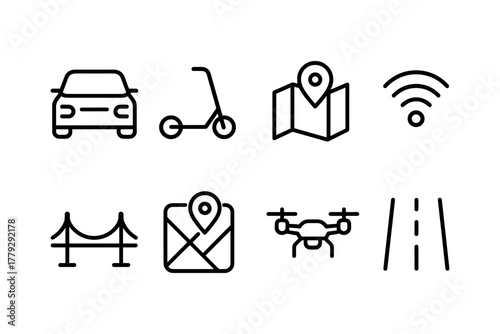 Urban mobility icons: cars, scooters, maps, wifi, bridges, drones, roads in linear style