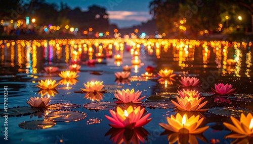 Traditional Cambodian Water Festival (Bon Om Touk): Floating Candles and Flowers on the River at Dusk. Spiritual Light.