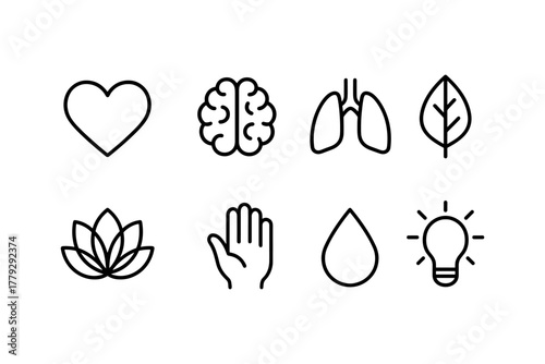 Minimalist wellness icons set featuring heart, brain, leaf, and more in linear style