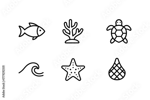 Minimalist ocean icons: fish, coral, turtle, wave, starfish, seashell