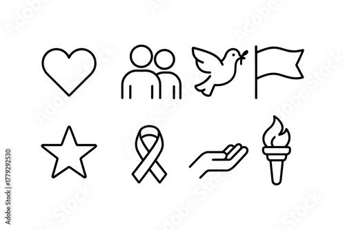 Line art symbols of love, peace, and unity