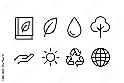 Minimalist eco-friendly icons featuring nature and sustainability elements