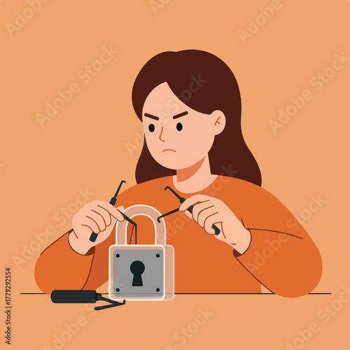 A person with annoyed expression is using lockpicks on a lock. The scene has a flat design