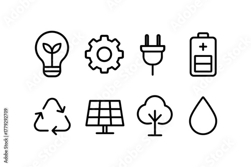 Eco-friendly energy icons set featuring minimalist renewable and sustainable symbols
