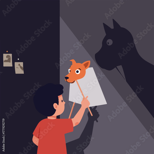 A child holds up a dog puppet, casting a large shadow on the wall, with framed pictures