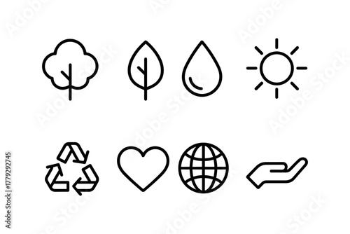 Simple eco-friendly icon set featuring nature and sustainability symbols