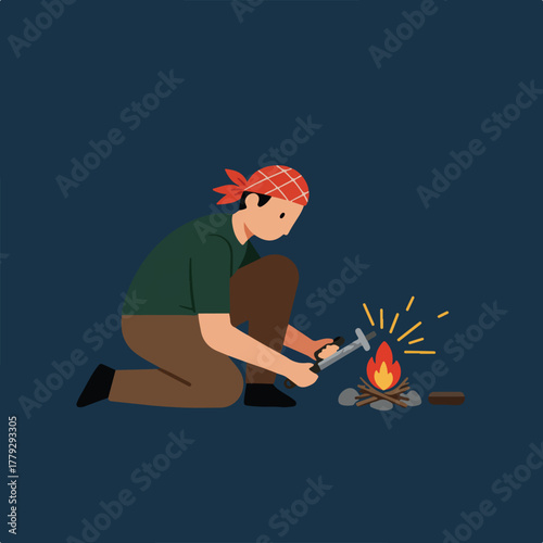 A person with a red head covering kneels by a small fire with sparks, holding a tool. A simple illustration