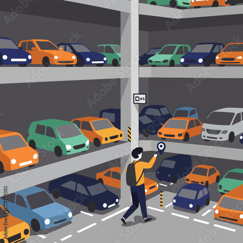 An illustration of a person locating a vehicle in a multi-level parking garage with different colored cars