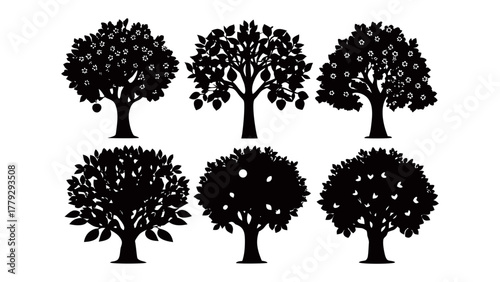 Silhouettes of Abundance: A captivating display of fruit trees, presented as striking black silhouettes, showcasing the diverse forms of nature's bounty.
