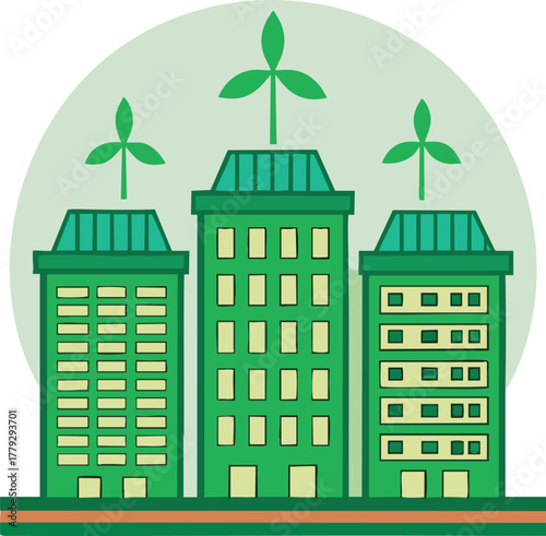 Eco-Friendly Cityscape: A modern, vibrant illustration showcasing sustainable living, featuring buildings integrated with eco-friendly elements.