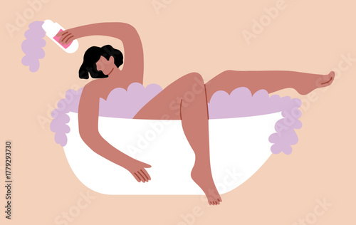 Woman in a spa bath with a tube of cosmetics. Concept of female selfcare and mental health. Vector illustration
