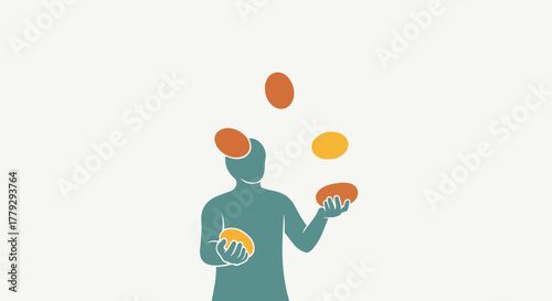 Silhouette of a person juggling orange shapes