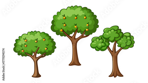 Nurturing Greens: A Vibrant Trio of Trees, each flourishing with lush leaves and bearing sweet fruit.