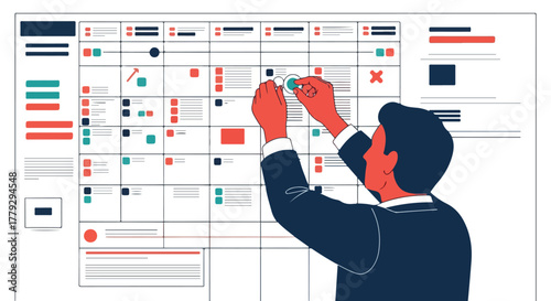 Businessperson places a token on a planning board