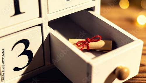 A white wooden drawer with the number three on it, slightly open, revealing a rolled parchment tied with a red ribbon inside. Soft bokeh lights in the background.