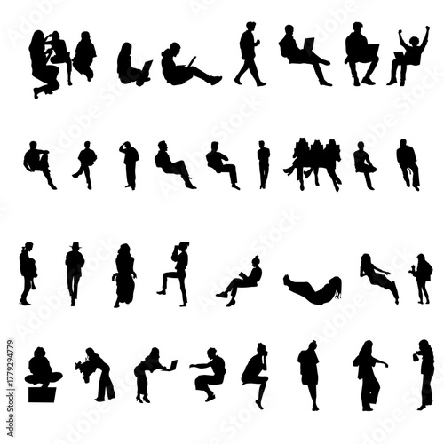 A premium collection of 32 modern silhouettes of men and women in everyday poses - sitting, walking, talking, reading, and using devices.