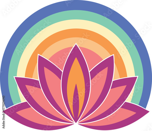 Lotus Flower with Rainbow: A vibrant lotus flower radiates tranquility, harmonizing with a colorful rainbow, symbolizing inner peace and balance. 
