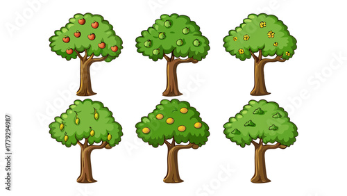 Orchard Variety: A delightful collection of cartoon fruit trees, each laden with vibrant, delicious fruits. Ideal for illustrations related to nature, healthy eating, and agricultural themes.