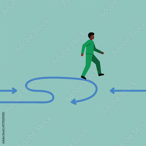 A silhouetted person walks along a winding blue line with arrows, depicting a path on a light teal background