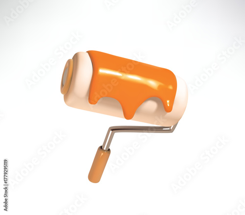 3D Paint Roller with Dripping Orange Paint Isolated on White Background vector icon illustration.