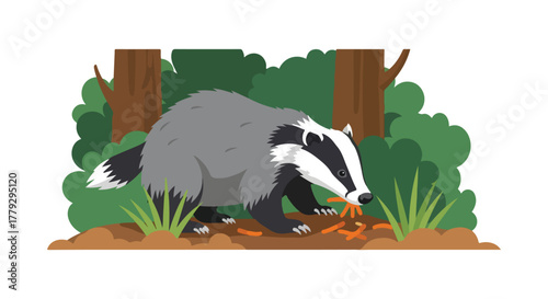 Cartoon illustration of a badger eating carrots in a forest setting