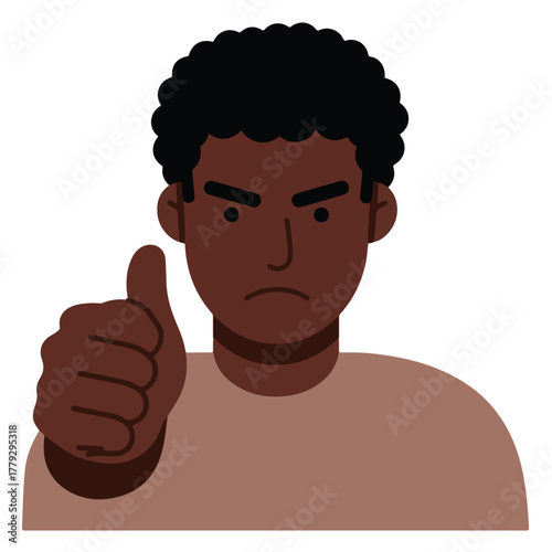 Illustrated portrait of a person with dark skin, curly hair, and an unhappy expression giving a thumbs up