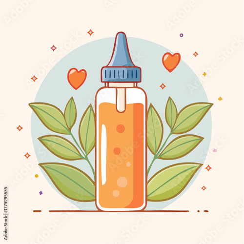 Pixel Art Bottle With Orange Liquid Surrounded By Green Leaves And Hearts On A Light Background