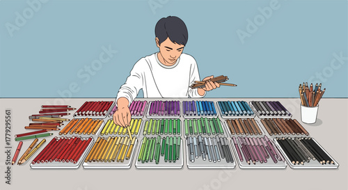 Person sorting colored pencils