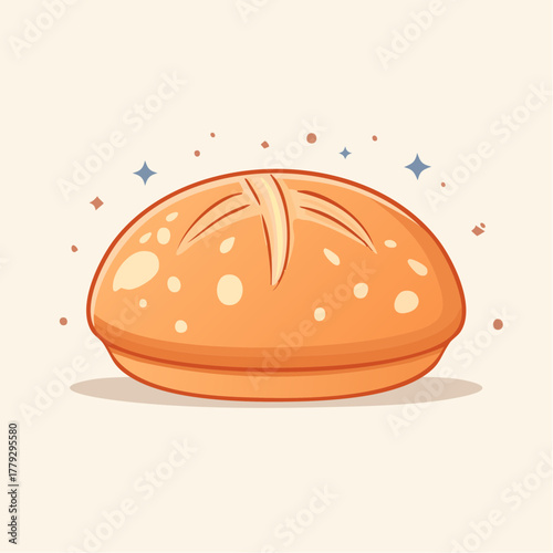 Round Golden Brown Bread Loaf with White Flour Dusting and Sparkling Accents Isolated on Creamy Background