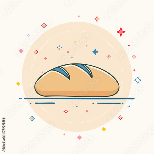 Simple illustration of a loaf of bread with a light brown crust and blue highlights on a pale yellow circular background with colorful confetti shapes