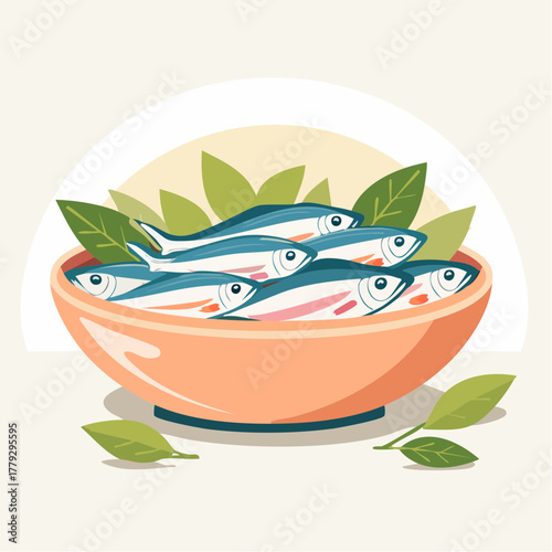 A Bowl Of Fresh Sardines Surrounded By Green Leaves With A Soft Peach And Cream Background