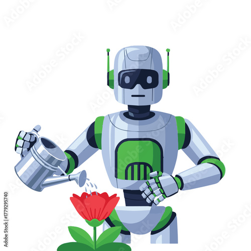 green robot with flower