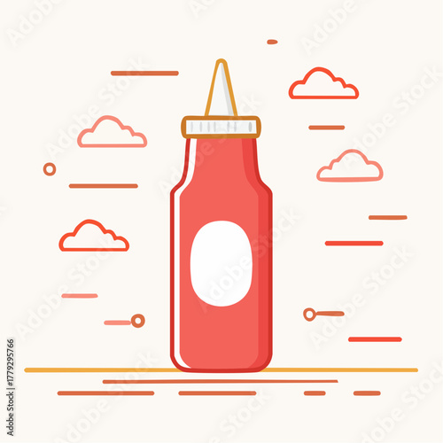 Red Squeeze Bottle with White Label and Abstract Orange Cloud Shapes on Pale Background with Orange Lines