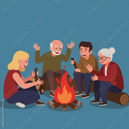 A group of four people around a campfire are enjoying a night of stories and companionship