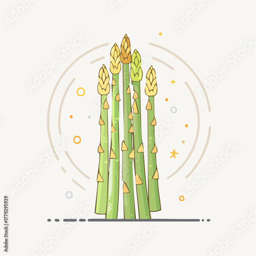Fresh Green Asparagus Stalks With Yellow Flower Buds in a Light Background with Circular Design Elements