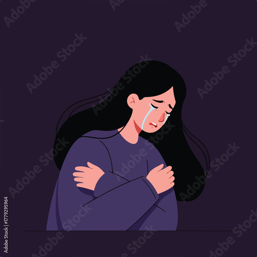 A somber illustration depicts a woman with tearful eyes, embracing herself, conveying sadness