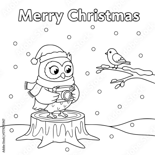 Owl taking Christmas photo with “Merry Christmas,” coloring book page for toddlers Generative AI