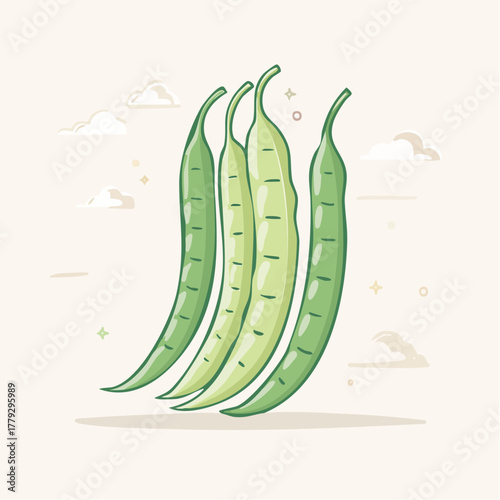 Four Green String Beans Standing Upright Against A Light Background With Clouds And Stars