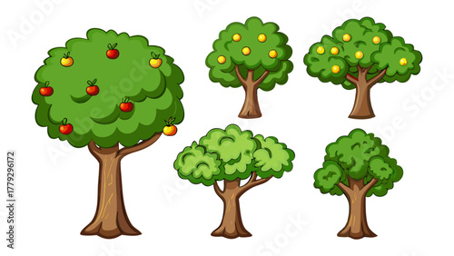 Various Fruit Tree Illustration: A collection of various illustration of fruit trees, from apple tree to orange tree, showing the different stages of fruit trees and the fresh looking of the fruits.